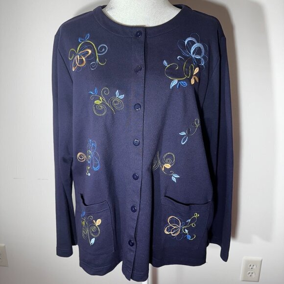 Extra Shenanigans Women's Embroidered Navy Button Up Cardigan - 1X - Picture 1 of 9